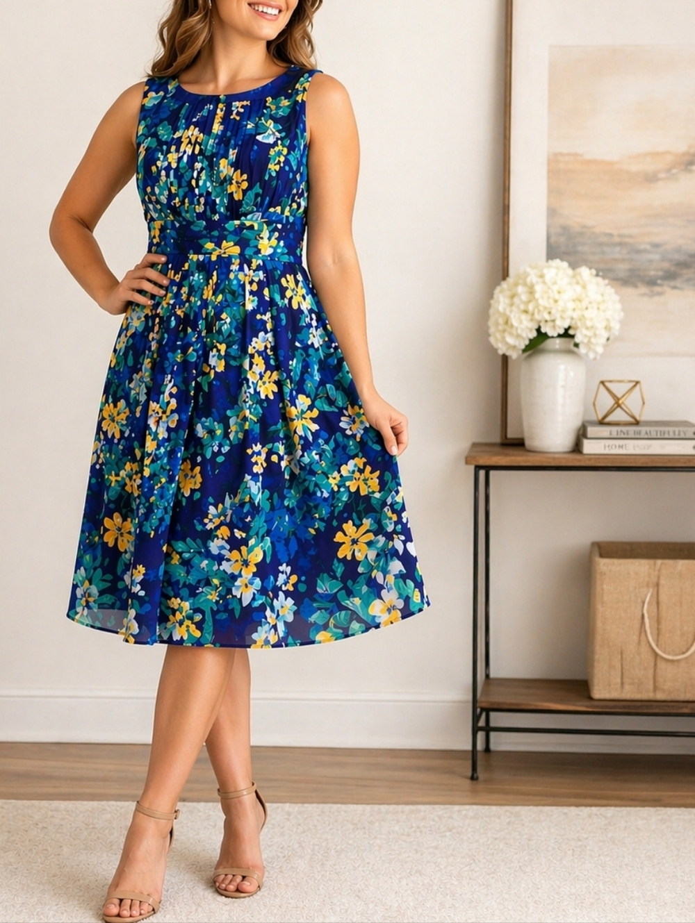 Floral Pleated Midi Dress Size 16 Blue Yellow Sleeveless Summer Wedding Guest